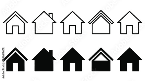 Web home icon set for websites and apps. Simple house symbol. Flat real estate sign. Main page pictogram in filled, thin line, outline and stroke style. Isolated illustration.
