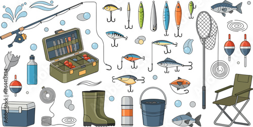 Professional Fishing Gear and Angling Equipment Vector Set Featuring Rods Reels Lures Tackle Box Boots and Outdoor Accessories for Sport Fishing Designs