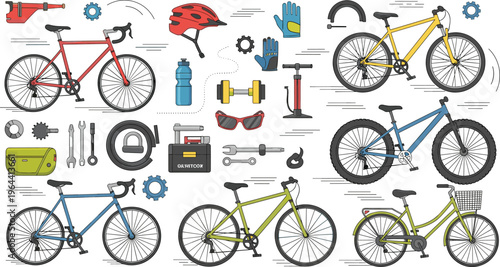 Professional Cycling and Bicycle Gear Vector Set Featuring Mountain Bikes Road Bikes Safety Helmets Maintenance Tools and Athletic Accessories for Outdoor Fitness Designs