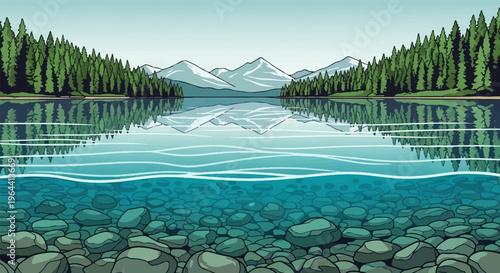 Crystal clear water reveals pebbles below; trees reflect in lake