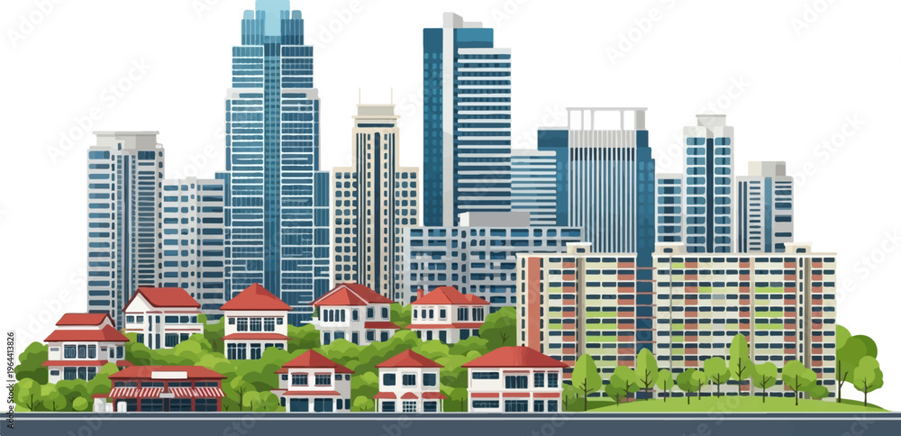 Obraz premium Diverse urban landscape featuring modern skyscrapers and traditional houses