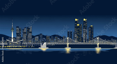 Cityscape at night with glowing bridge and towers reflected in water