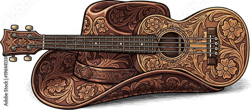 Brown carved ukulele on a western hat