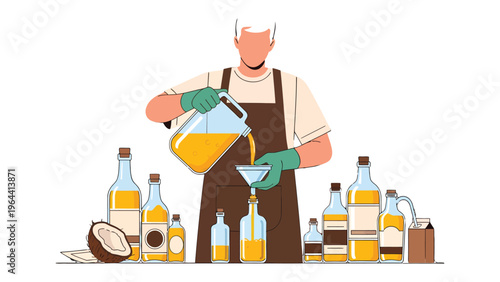 Oil Production Process: A person meticulously pours oil from a container into a bottle using a funnel, amidst a collection of varying oil bottles and a coconut.