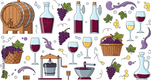 Large Wine Production Vector Icon Set Featuring Grapes Wooden Barrel Glass Bottles Press Machine and Vineyard Elements for Winemaking Industry and Beverage Designs