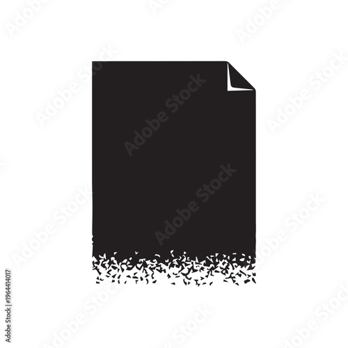 A solid black document icon with a curled top-right corner is depicted with its bottom edge disintegrating into a flurry of small, irregular shapes, suggesting decay or transformation.