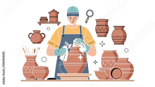 Potter at Work: A skilled potter meticulously crafts and inspects a collection of ceramic vases and pottery. Surrounded by his creations, he embodies dedication and artistry in the pottery workshop.