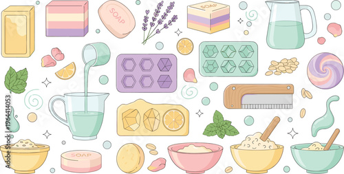 Handmade Soap Making and Natural Spa Vector Set Featuring Organic Soap Bars Lavender Essential Oils Silicone Molds and Skincare Ingredients for Crafting and Wellness Designs