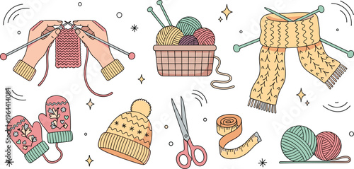 Handmade Knitting and Needlework Vector Set Featuring Wool Yarn Balls Knitting Needles Mittens Scarf and Winter Apparel for Crafting Hobby and Textile Design