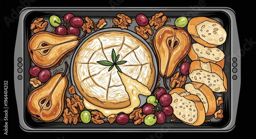 Baked cheese with fruit, bread, and nuts on a baking sheet