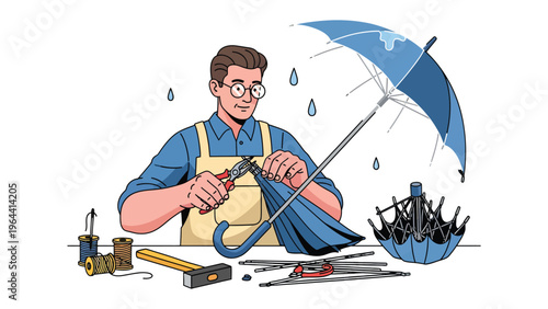 Umbrella Repair: A skilled craftsman meticulously repairs an open umbrella, showcasing the art of restoration and craftsmanship in a detailed depiction.