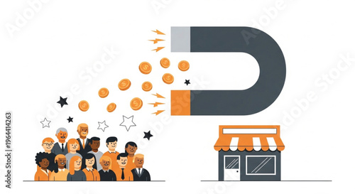 This professional flat vector illustration depicts a large magnet attracting golden coins from a diverse crowd toward a local storefront. It conceptually represents effective marketing.
