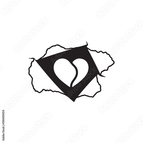 A distinctly broken heart symbol, split down the middle, is enclosed within a ragged, roughly square-shaped ripped opening, conveying themes of heartbreak, loss, or emotional pain.
