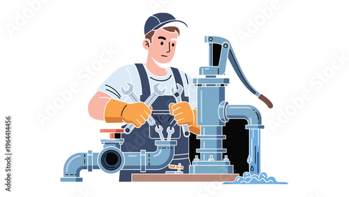 Plumber at Work: A skilled plumber meticulously repairs water pump and pipe, ensuring a steady flow, showcasing dedication to their craft. 