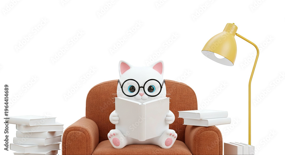 Naklejka premium Cute cartoon cat reading a book on a chair with a lamp