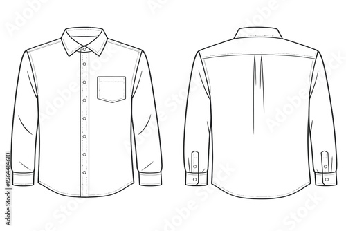  Plain White Formal Shirt Vector Template Front and Back View – Men’s Long Sleeve Office Wear Flat Sketch Technical CAD Drawing Clean Minimal Apparel Design for Fashion Mockup and Clothing Production