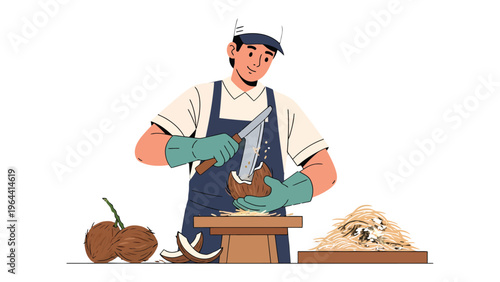 Coconut Preparation: An individual masterfully cuts open a coconut, embodying the essence of manual food preparation and freshness in a captivating, visually appealing scene.