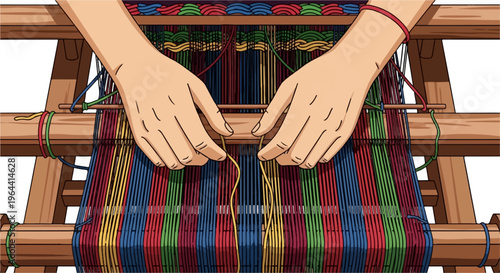 Hands weaving colorful threads on a wooden loom (1)