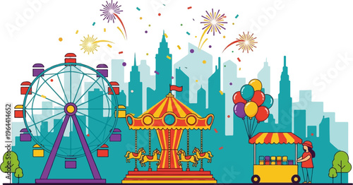 Vibrant amusement park scene with Ferris wheel, carousel, vendor, balloons, and fireworks
