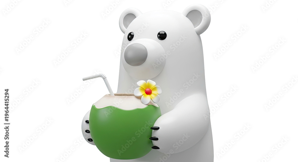 Fototapeta premium Cute Polar Bear Holding a Coconut Drink with a Flower