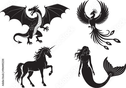 Four distinct mythical creatures in majestic silhouettes, a powerful dragon, a graceful phoenix, a majestic unicorn, and an elegant mermaid, embodying ancient legends and fantasy lore