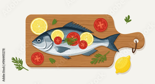 Whole fish prepared with lemons, tomatoes, and herbs on wooden board