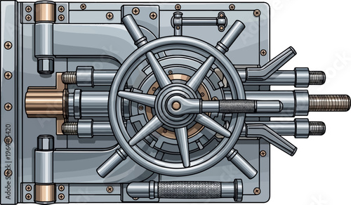 Intricate illustration of a robust vault door with a large central wheel