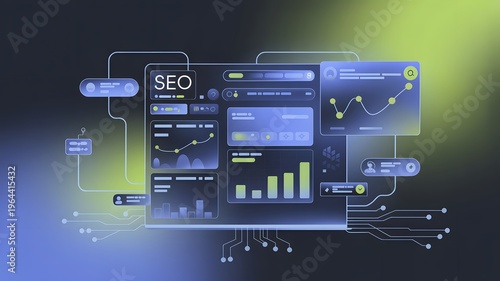 SEO analytics dashboard with financial data charts and digital marketing icons on futuristic interface