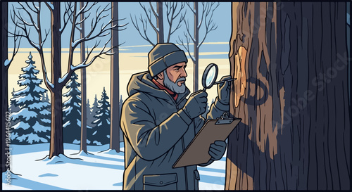 Man in winter forest examines tree with magnifying glass and clipboard