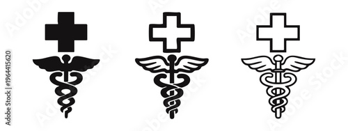 Medical Caduceus and Cross Icons Set. Healthcare Plus Sign with Caduceus Symbol. Vector Medical and Emergency Icons