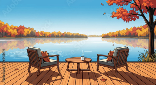 Peaceful autumn lakeside retreat with chairs, table, and steaming coffee