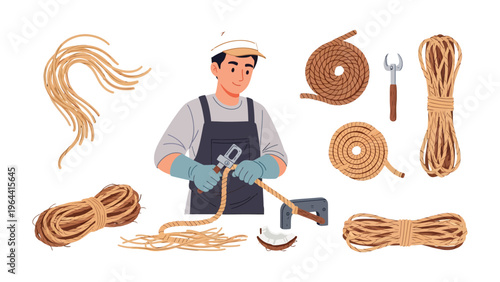 Crafting with Precision: A skilled artisan expertly works with natural rope, showcasing the meticulous art of rope making. Various stages of rope creation are on display.
