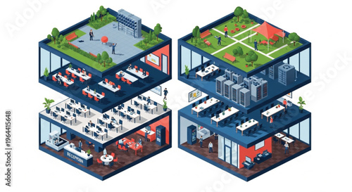 Detailed isometric office building modules collection featuring four separate floor sections with open workspace, rooftop garden, meeting rooms, reception, and diverse employees working.