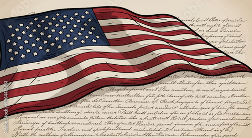 Rippling Stars and Stripes over aged handwritten text