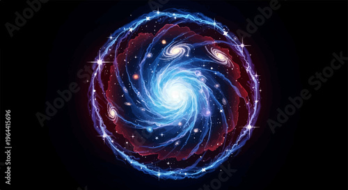 A vibrant cosmic vortex with swirling galaxies and glowing stars