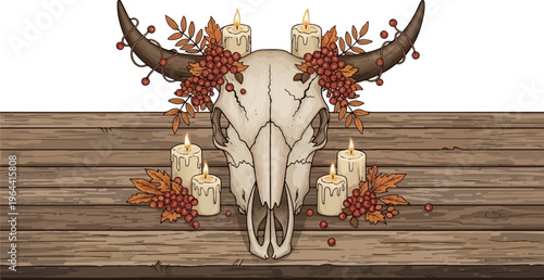 Rustic skull with candles, berries, and autumn leaves on wood