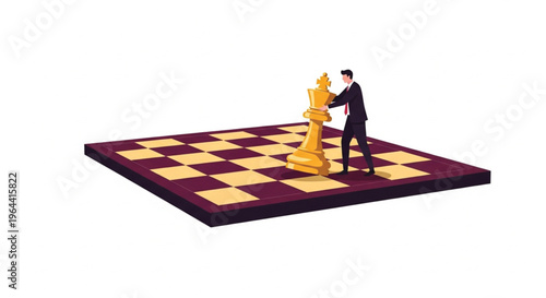 A professional flat vector illustration of a businessman moving a giant golden chess king on a large chessboard. This conceptual image symbolizes strategic decision-making, corporate leadership.