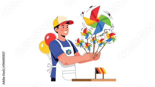 Joyful Pinwheels: An artisan, beaming with joy, presents a vibrant array of pinwheels, symbolizing playful delight, colorful expression, and the simple pleasures of life.