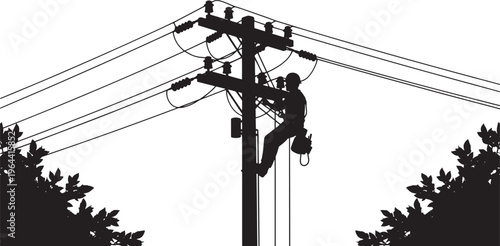 Skilled utility worker in silhouette maintaining electrical power lines on a tall pole, representing essential infrastructure and energy distribution for communities