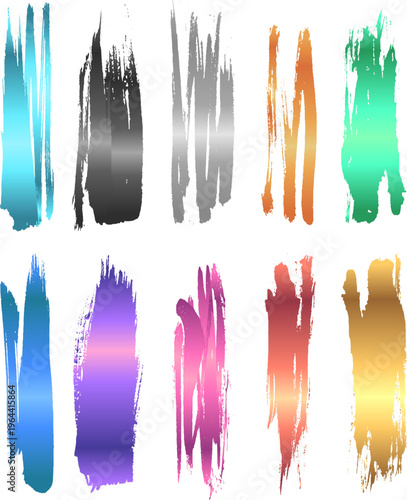 抽象的でダイナミックなグラデーションブラシストロークのセット、カラフルなペイントテクスチャとインク風かすれ表現のデザイン素材集