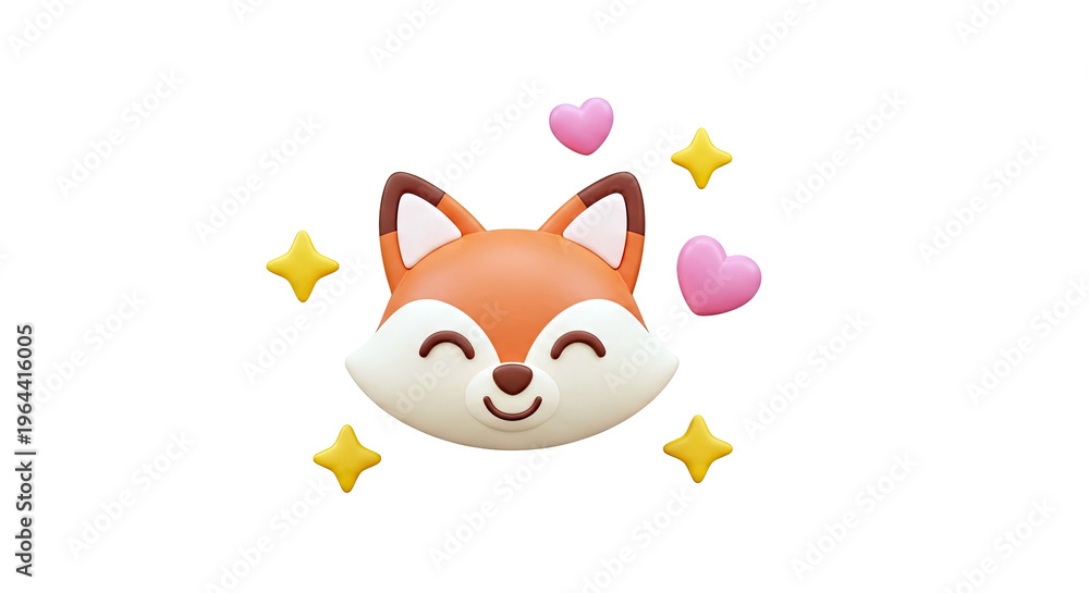 Fototapeta premium Happy 3D Fox Face with Hearts and Stars
