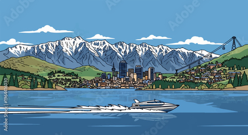Speedboat cuts across a blue lake with a city and snow-capped mountains behind