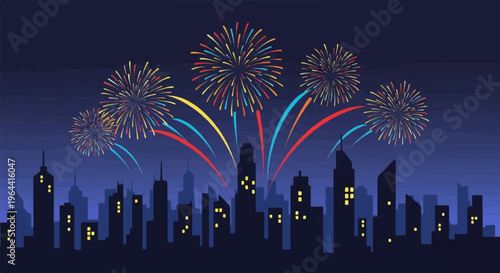 Festive fireworks illuminate a silhouetted cityscape at night