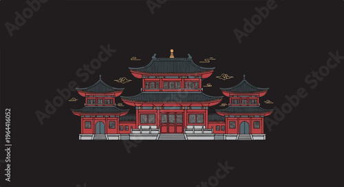 Ornate red and grey pagoda-style building with intricate tiered roofs