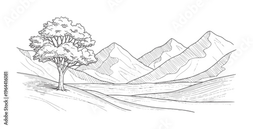Hand drawn of a solitary tree a hill overlooking mountains and a river landscape