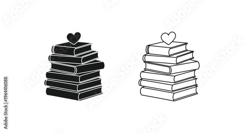 Black and white book stacks with hearts on top Vector