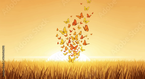 A swarm of colorful butterflies ascends into a warm, hazy sunrise over a grassy field