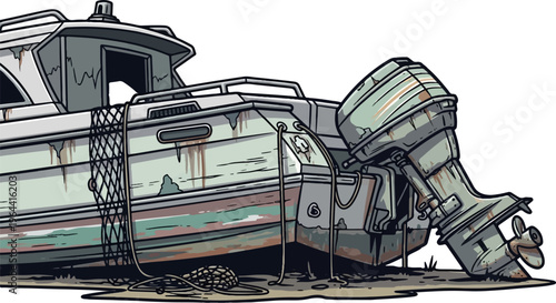 A damaged, abandoned motorboat with a rusty outboard motor rests on shore