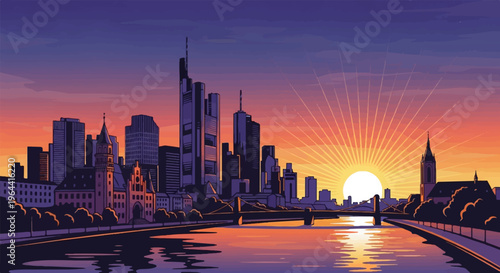 Stylized pixel art cityscape at sunset with sunburst and river