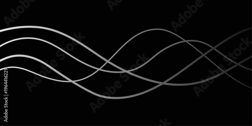 Abstract black and white flowing smoke waves create a glowing digital art backdrop featuring purple and green energy lines in a wavy motion design